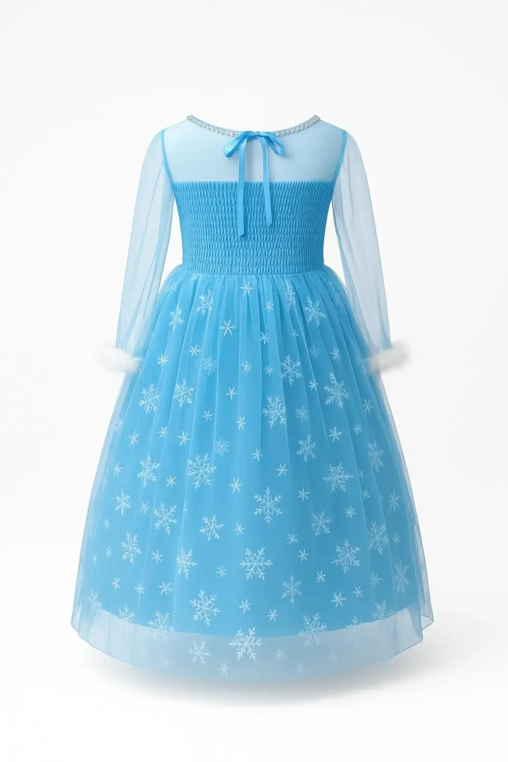 Kostüm Seti Uzun Kollu Mavi Frozen Elbise + Taç + Asa | Kız Çocuk