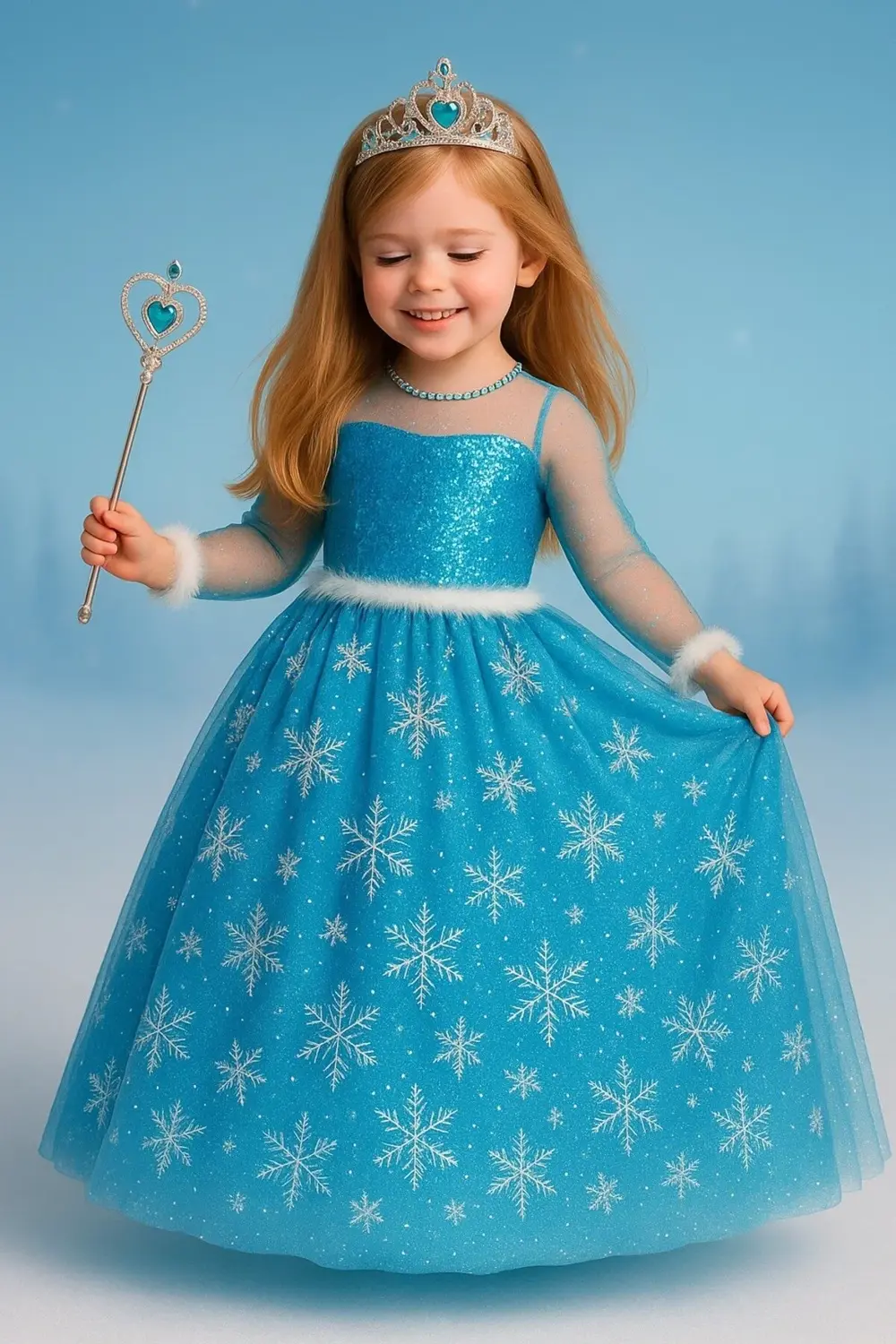 Parti Kırtasiye Kostüm Seti Uzun Kollu Mavi Frozen Elbise + Taç + Asa | Kız Çocuk