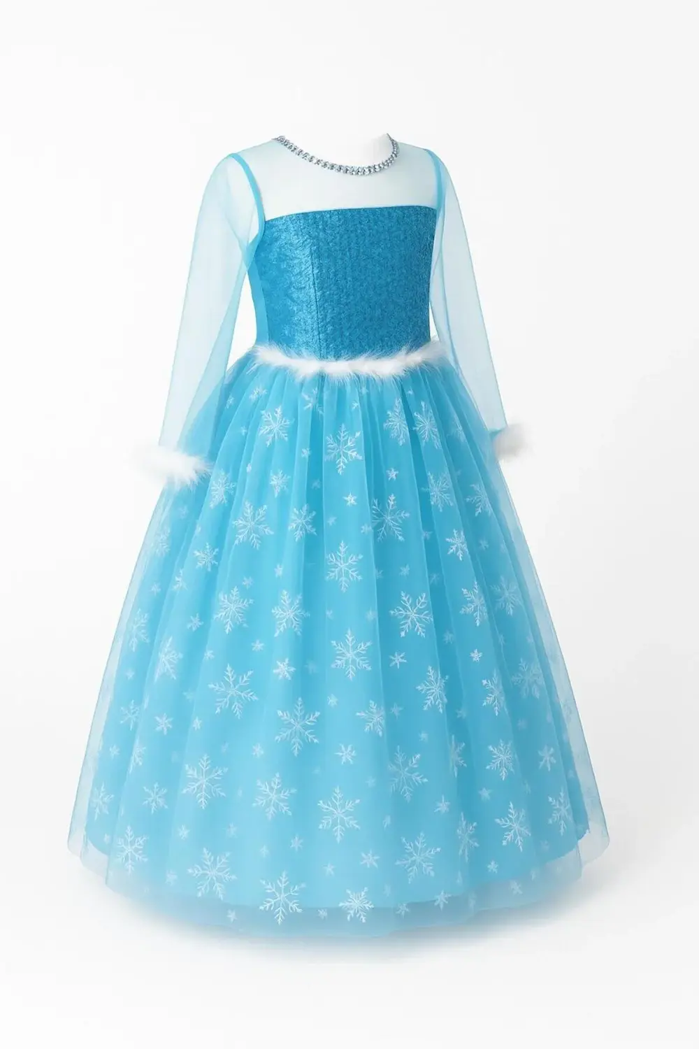 Parti Kırtasiye Kostüm Seti Uzun Kollu Mavi Frozen Elbise + Taç + Asa | Kız Çocuk