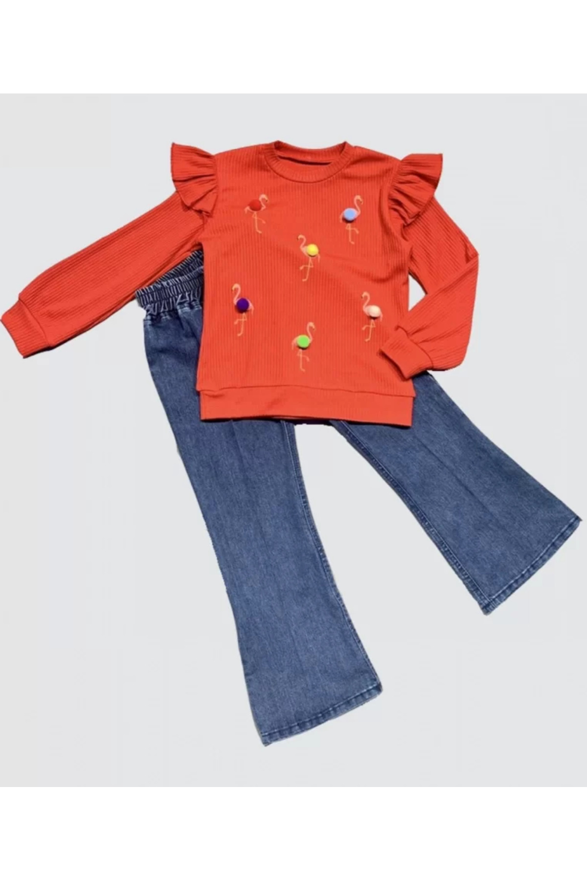 Mcem Store Kot Pantolonlu Flamingo Desenli Penye Sweat Uzun Kollu 2Li Kiz Ço