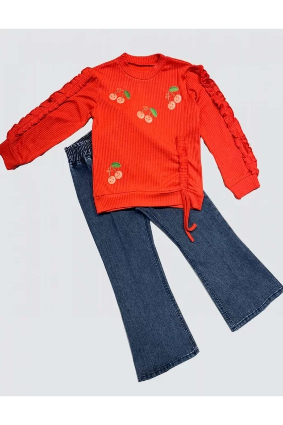 Kot Pantolonlu Kiraz Desenli Penye Sweat Uzun Kollu 2li Kız Çocuk