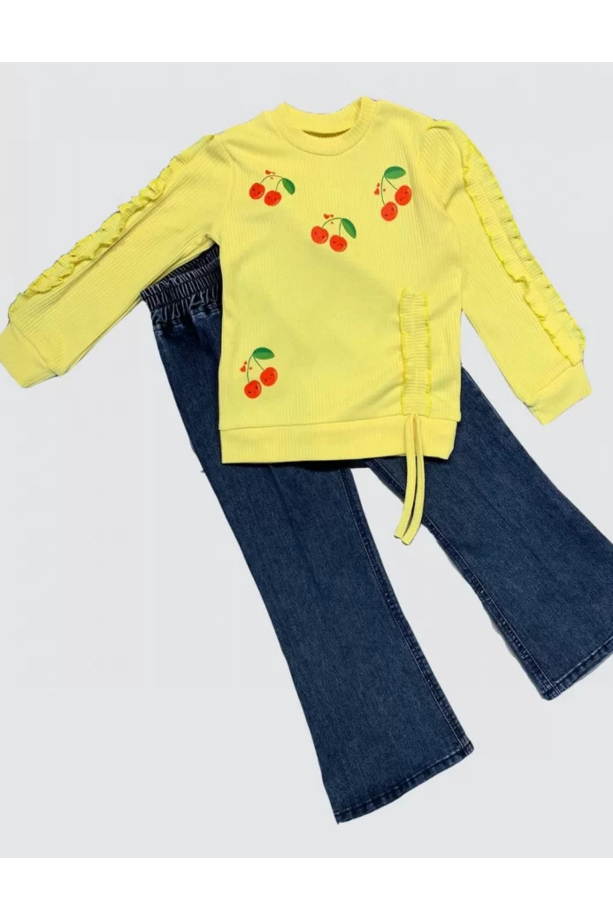 Kot Pantolonlu Kiraz Desenli Penye Sweat Uzun Kollu 2li Kız Çocuk