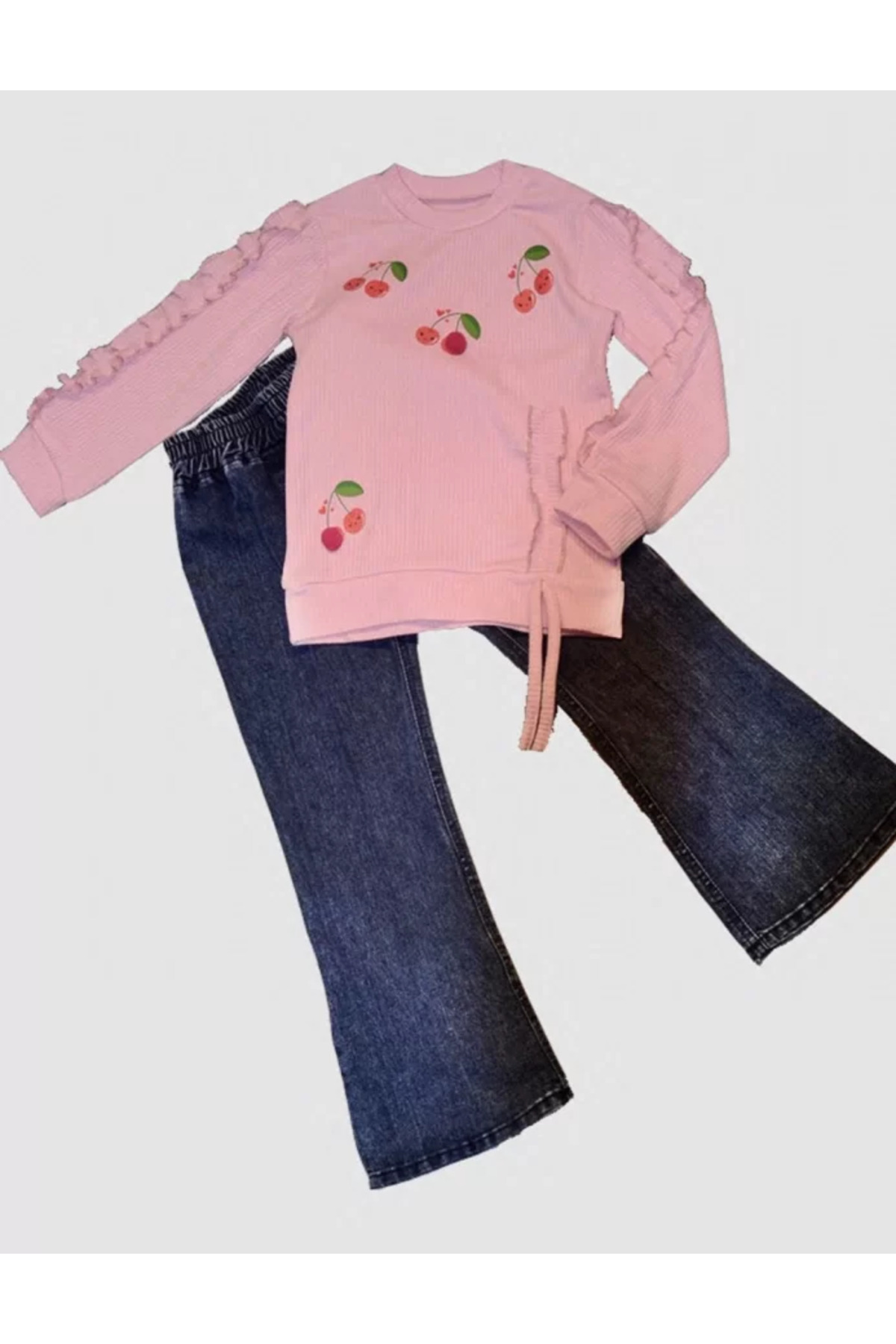 Hobicity Kot Pantolonlu Kiraz Desenli Penye Sweat Uzun Kollu 2Li Kız Çocuk