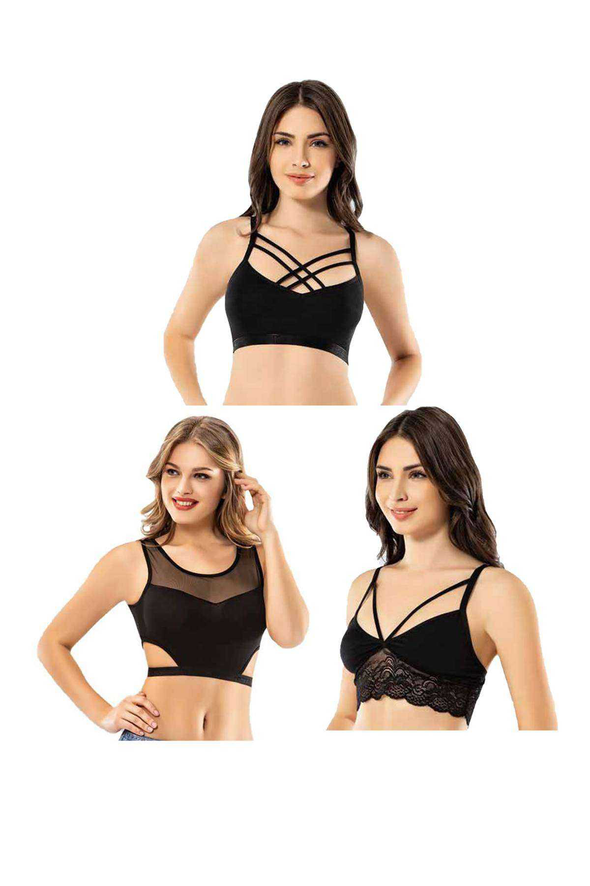 Just Cheap Store Kota 3 Adet Dantelli Çapraz İpli Tül Model Büstiyer