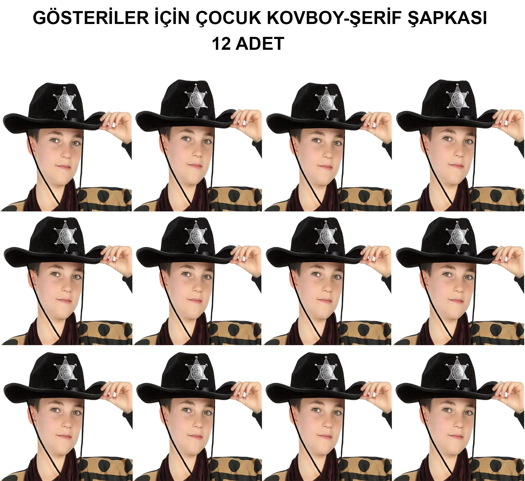 Kovboy Şerif Şapkası Siyah 12 Adet - Kostüm, Parti Ve Gösteri Şapkası