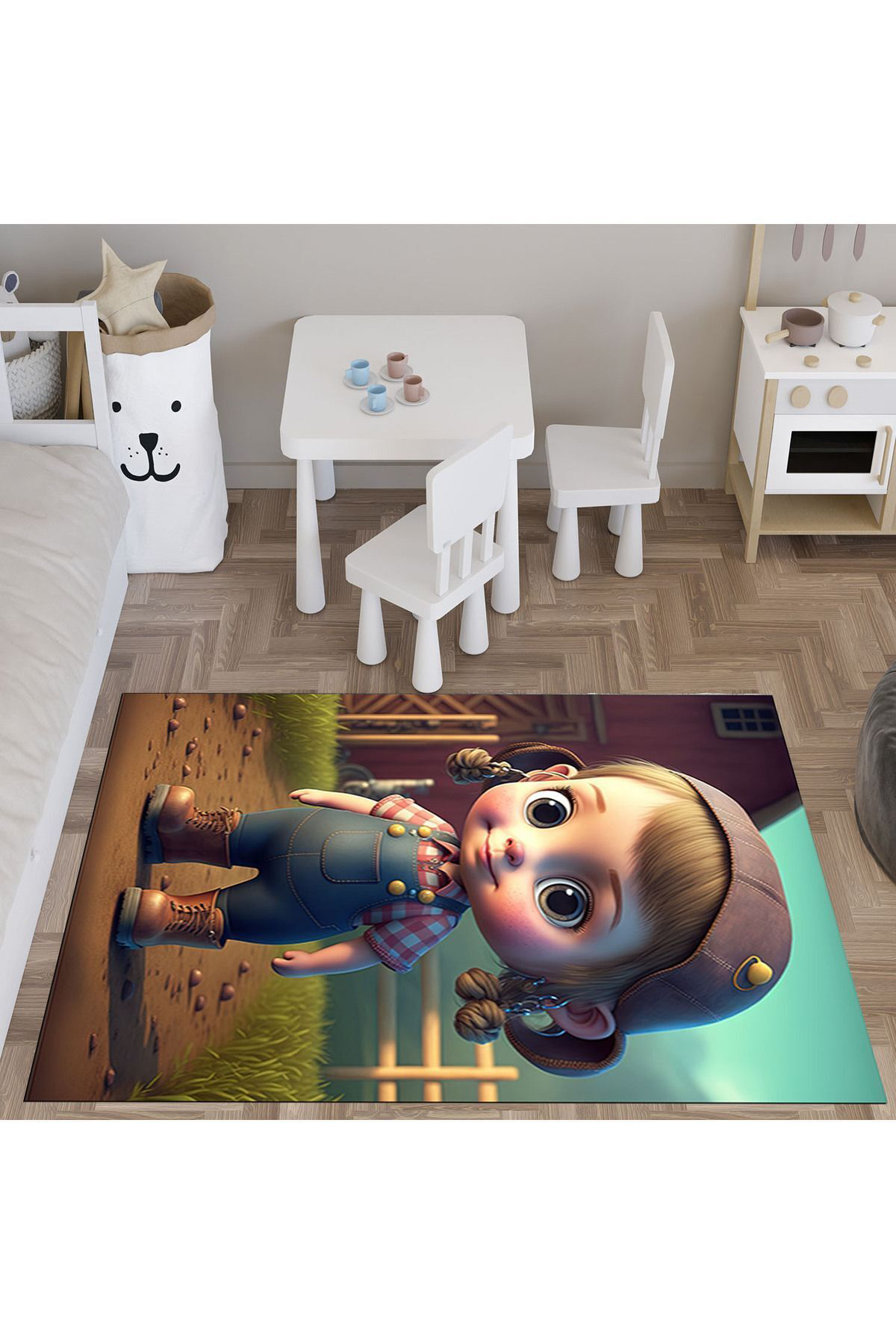 Evan Home Köylü Kizi Desenli Çocuk Odasi Takim Perde (İki Kanat),Yatak Örtüsü,Yastik,Kirlent ,Hali,Tablo