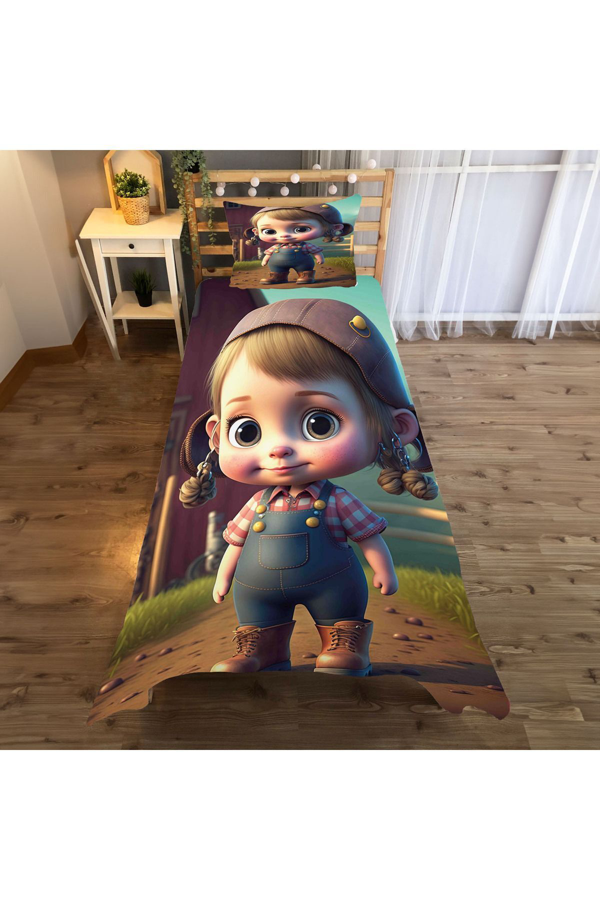 Evan Home Köylü Kizi Desenli Çocuk Odasi Takim Perde (İki Kanat),Yatak Örtüsü,Yastik,Kirlent ,Hali,Tablo