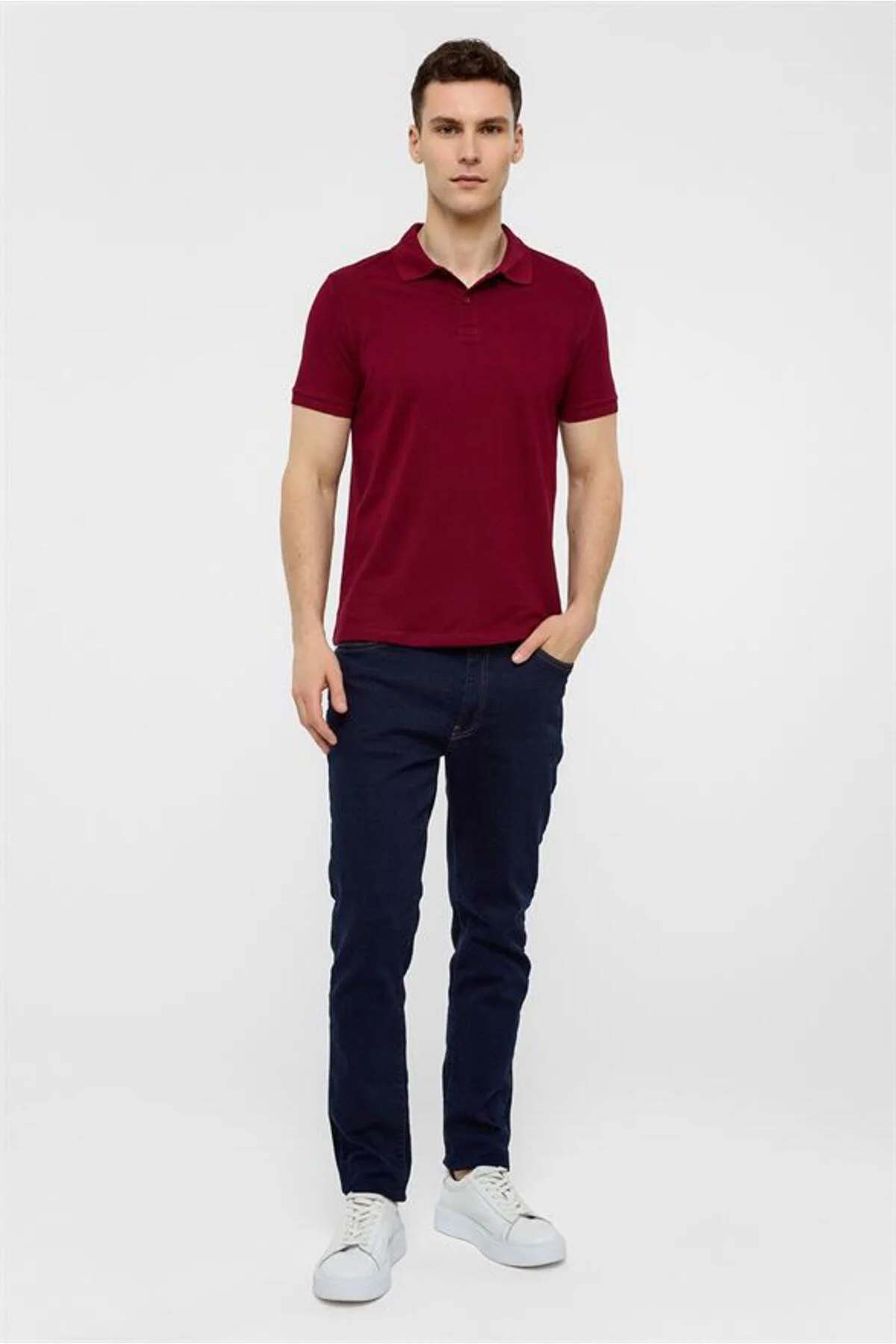Koyu Bordo Slim Düz Fermuarlı Polo Yaka Tişört