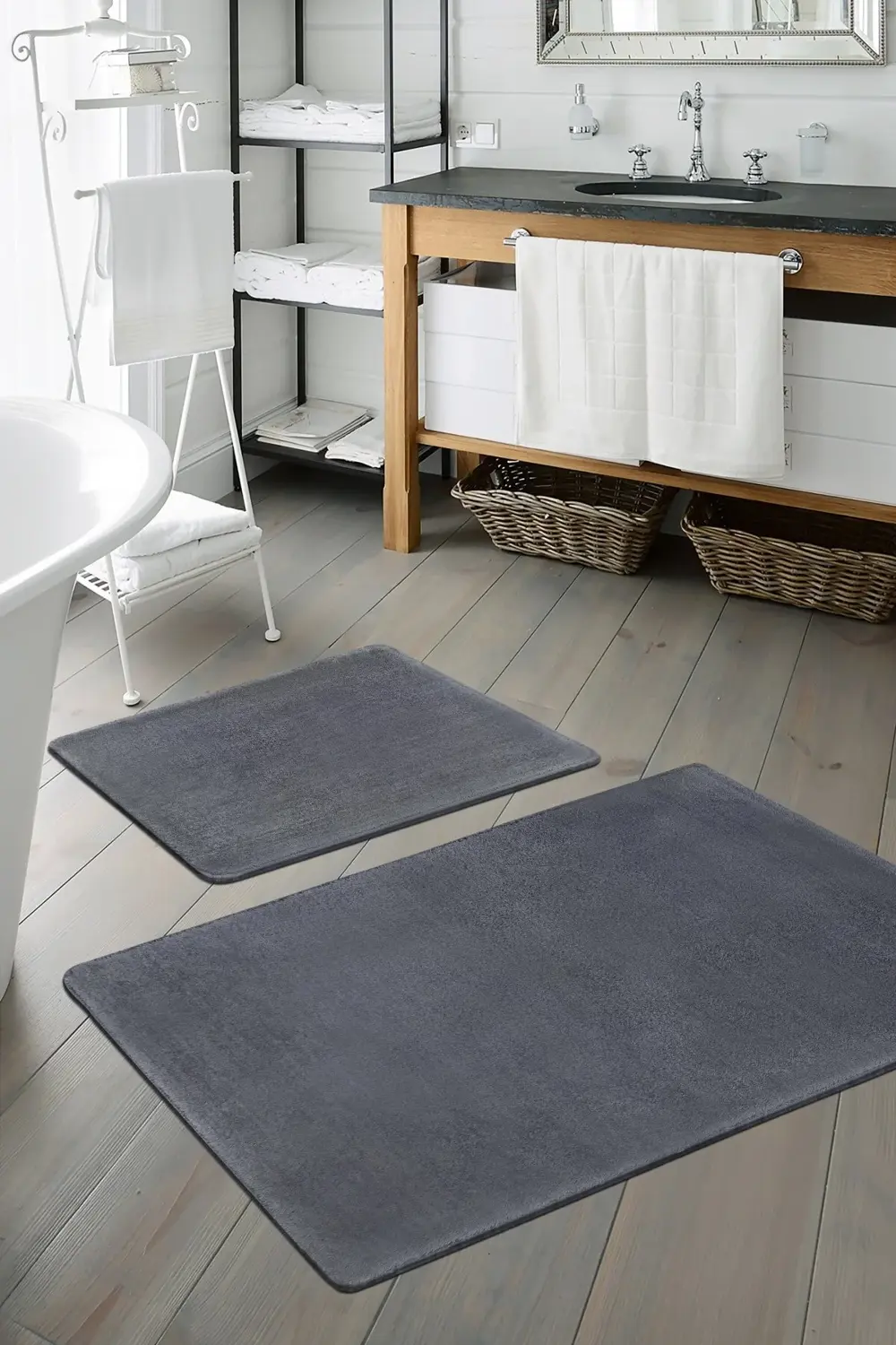 Koyu Gri İkili Banyo Paspası Klozet Takımı Post Dokuma Peluş Halı