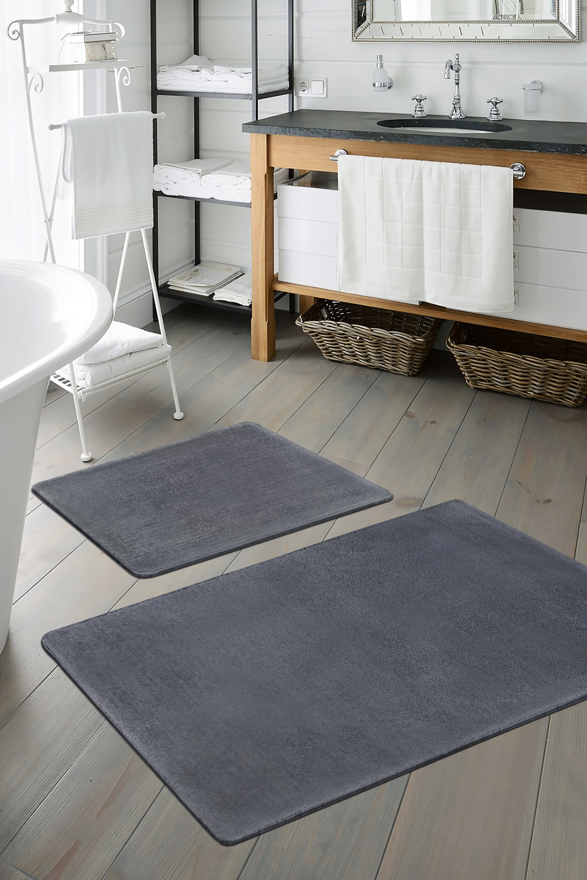 Koyu Gri İkili Banyo Paspası Klozet Takımı Post Dokuma Peluş Halı