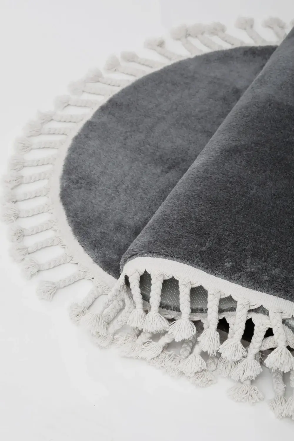 Koyu Gri Oval Post Peluş Dokuma Halı Saçaklı Salon Halısı