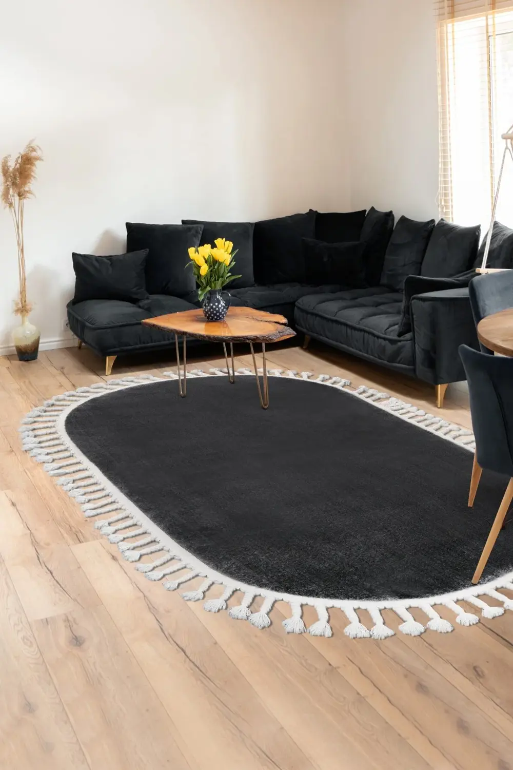 Koyu Gri Oval Post Peluş Dokuma Halı Saçaklı Salon Halısı