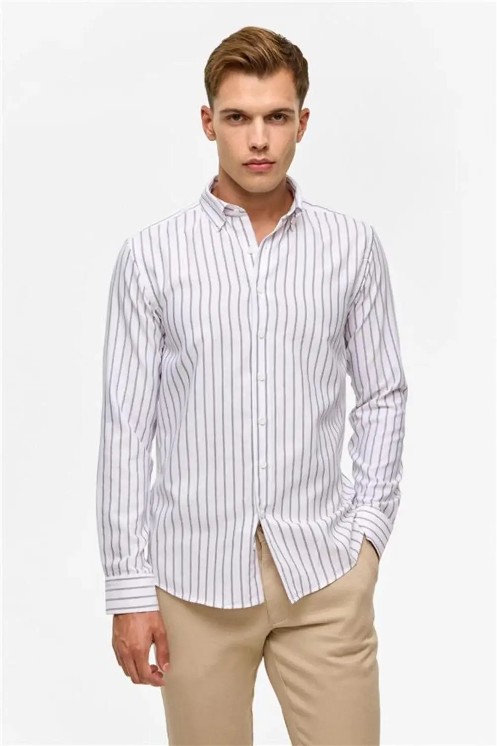 Koyu Kahve Slim Çizgili Düğmeli Yaka Gömlek