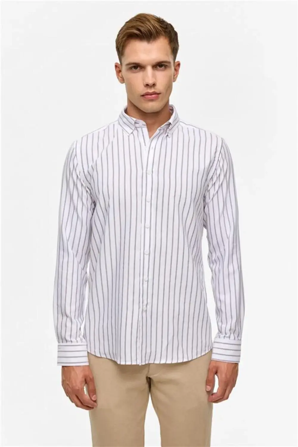 Koyu Kahve Slim Çizgili Düğmeli Yaka Gömlek