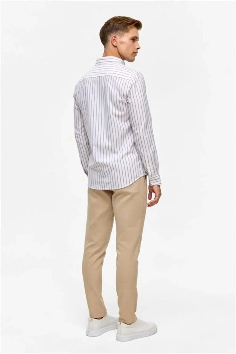 Koyu Kahve Slim Çizgili Düğmeli Yaka Gömlek