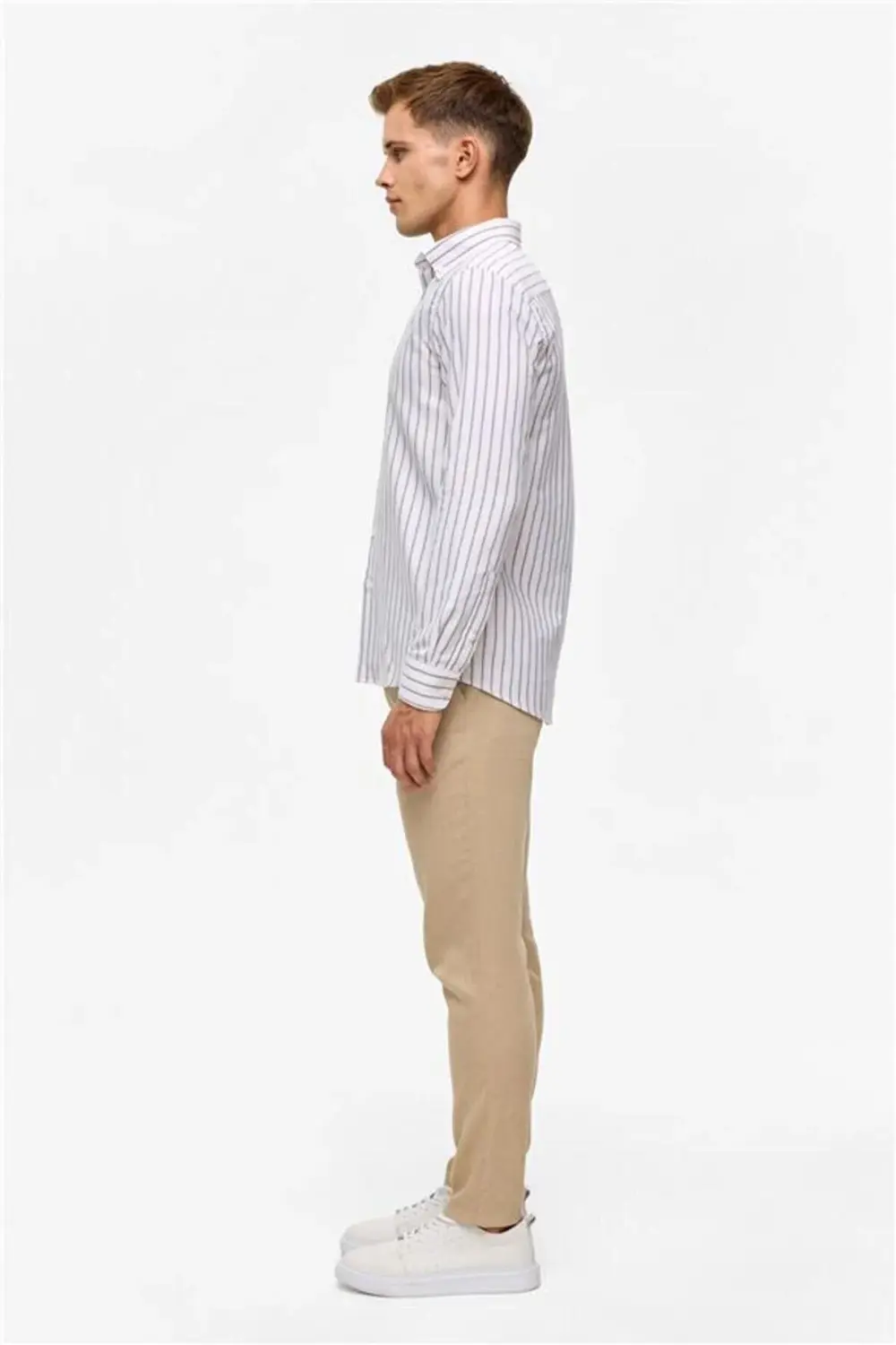 Koyu Kahve Slim Çizgili Düğmeli Yaka Gömlek