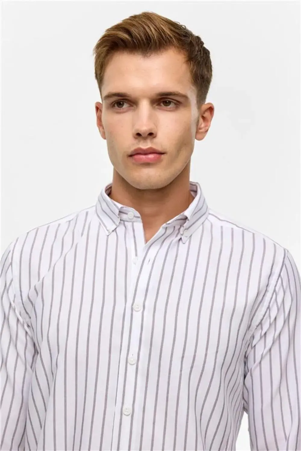 Koyu Kahve Slim Çizgili Düğmeli Yaka Gömlek