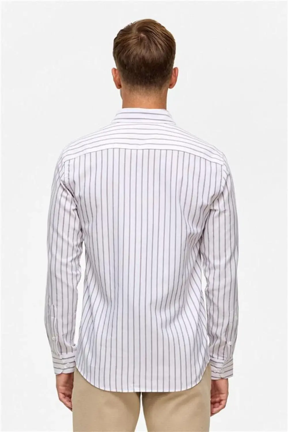 Koyu Kahve Slim Çizgili Düğmeli Yaka Gömlek