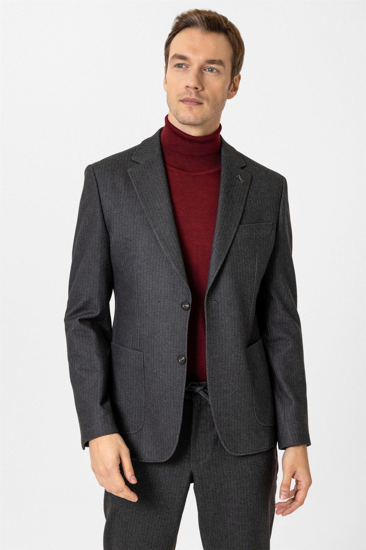 Süvari Koyu Kahve Slim Fit Desenli Mono Yaka 6 Drop Klasik Takım Elbise