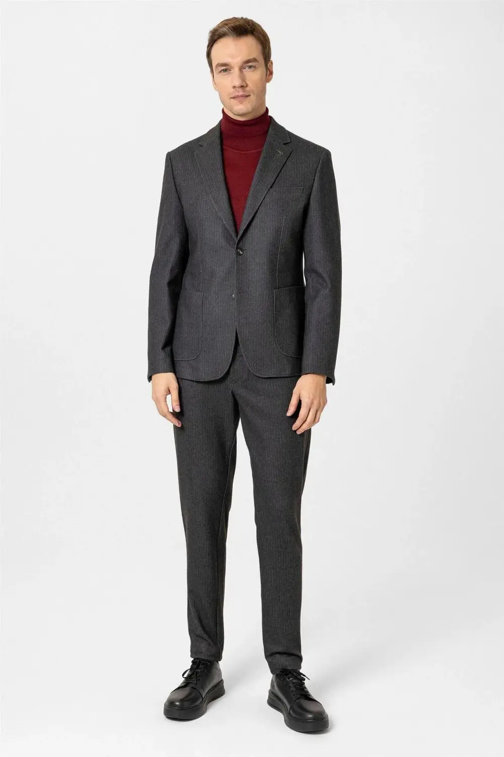 Süvari Koyu Kahve Slim Fit Desenli Mono Yaka 6 Drop Klasik Takım Elbise