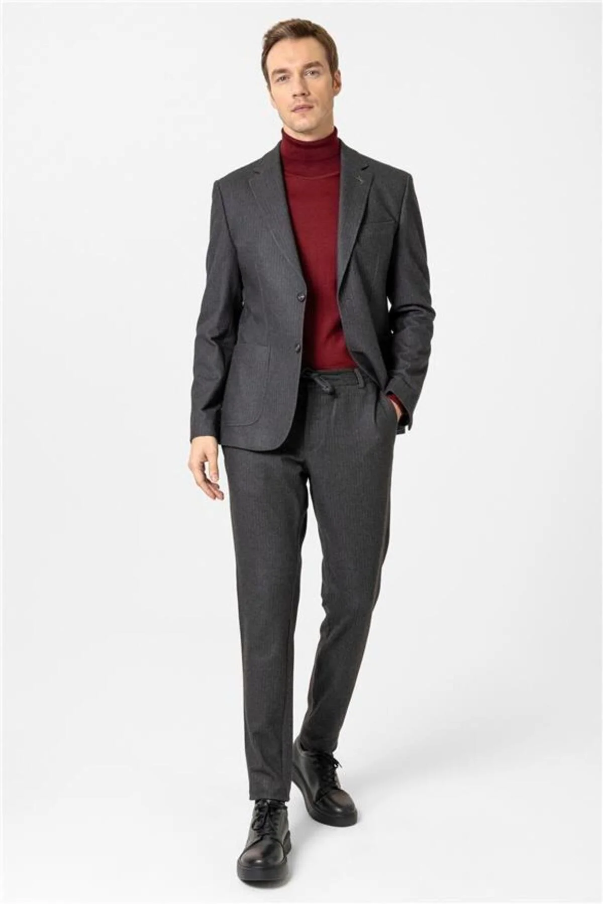 Koyu Kahve Slim Mono Yaka Torba Cep 6 Drop Takım Elbise - Görsel 2