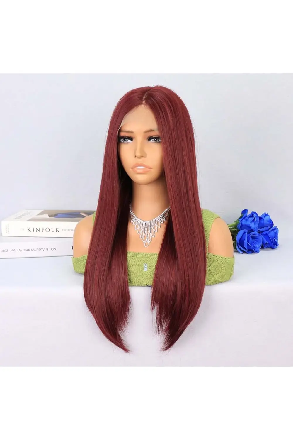 Koyu Kızıl Orta Boy Düz Tül Peruk