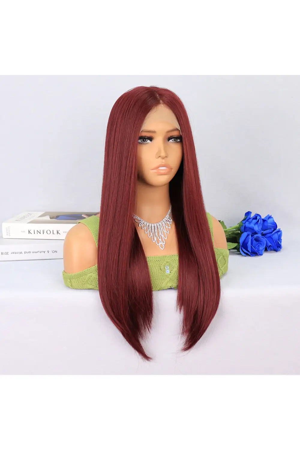 Koyu Kızıl Orta Boy Düz Tül Peruk