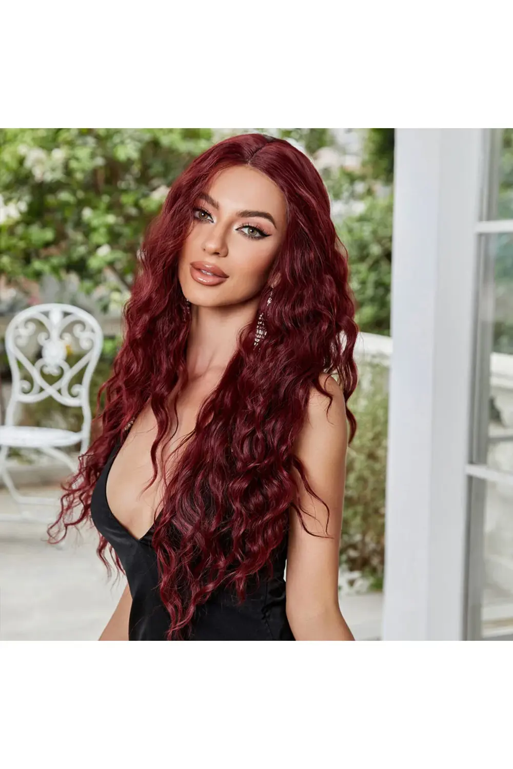 Koyu Kızıl Su Dalgalı Fiber Sentetik Tül Peruk