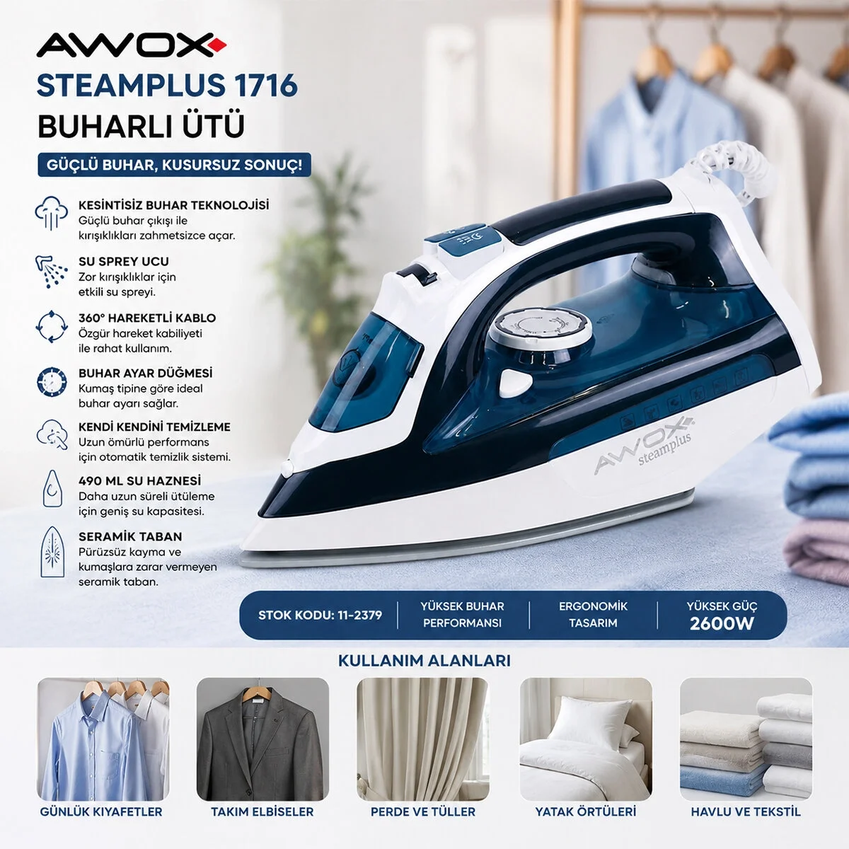 Koyu Mavi - Beyaz Buharlı Ütü Seramik Taban - 360° Hareketli Kablo - Buhar Ayarlama 2100w Steamplus-1716 Bx40