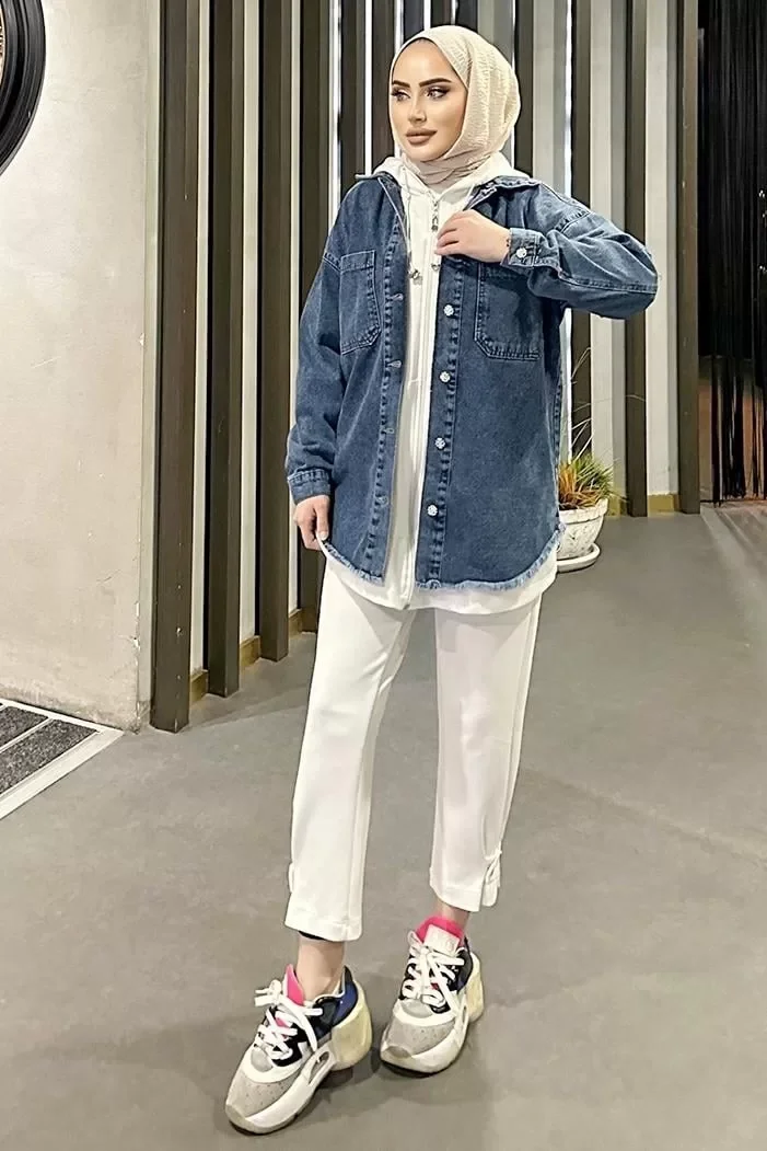 Koyu Mavi Kar Yıkama Püskül Detay Kot Ceket Oversize ( Lisinya )