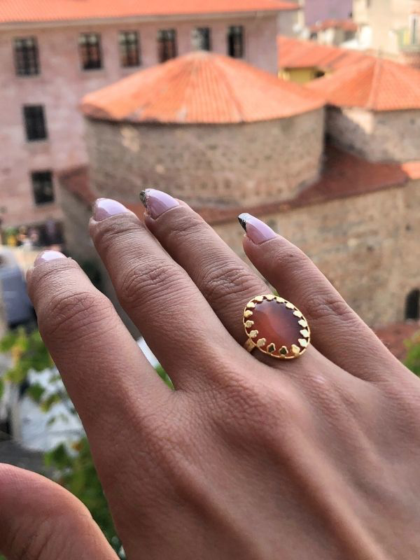 KOYU TURUNCU KEDİ GÖZÜ TAŞI ORJİNAL DOĞALTAŞ ALTIN KAPLAMA AYARLA