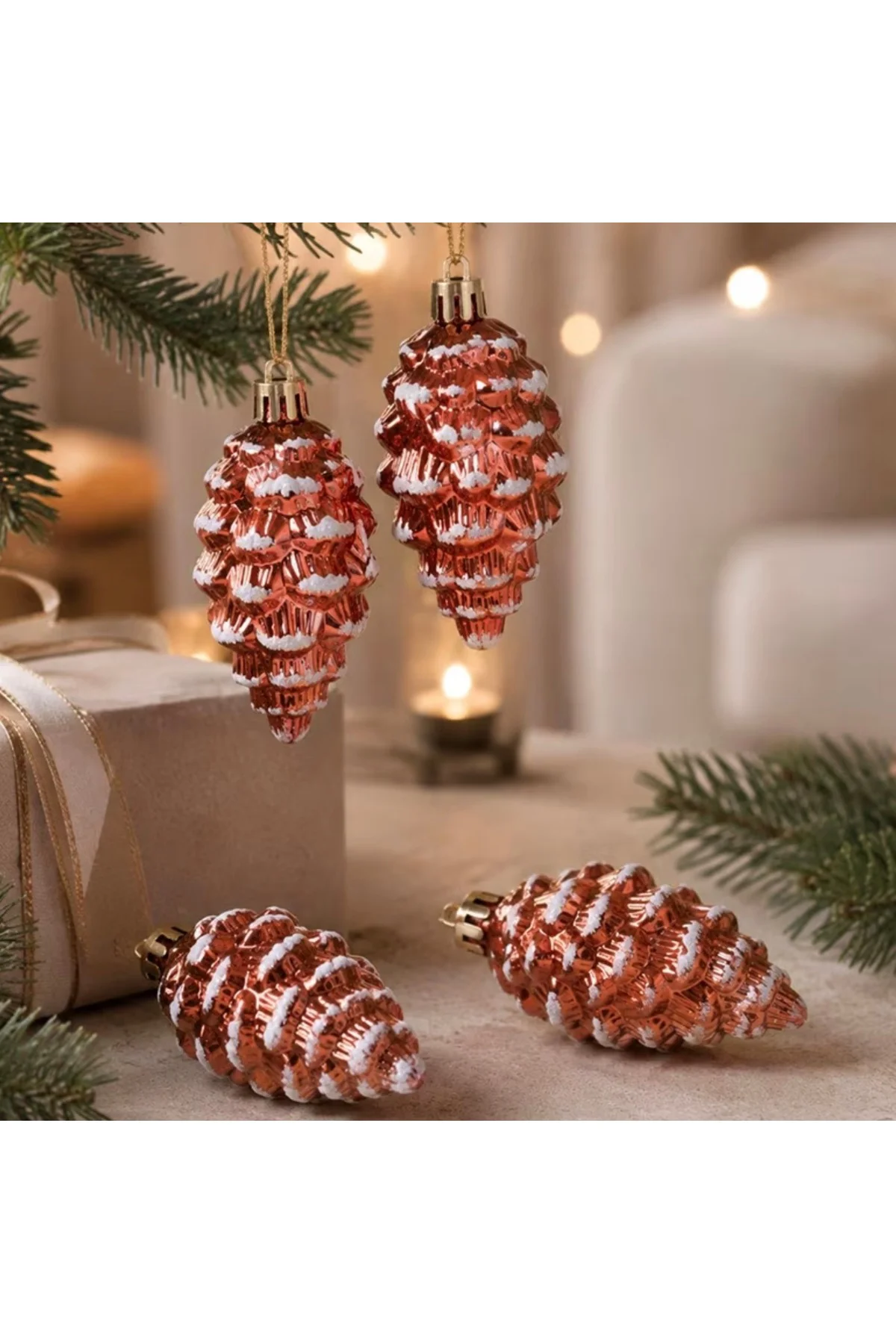 Kozalak Figürlü Yılbaşı Ağaç Süsü 5'li Set – Rose Gold / Bakır Kar Efektli Asma Süsler (7.5 cm)