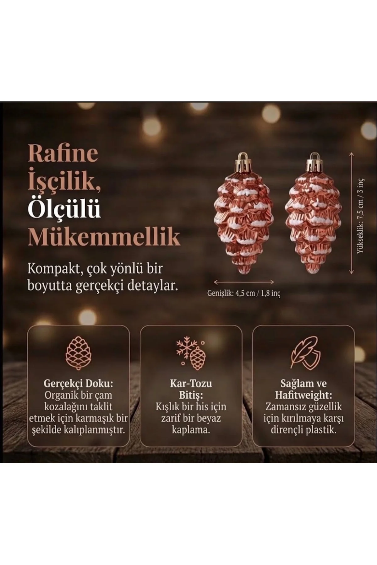 Kozalak Figürlü Yılbaşı Ağaç Süsü 5'li Set – Rose Gold / Bakır Kar Efektli Asma Süsler (7.5 cm)