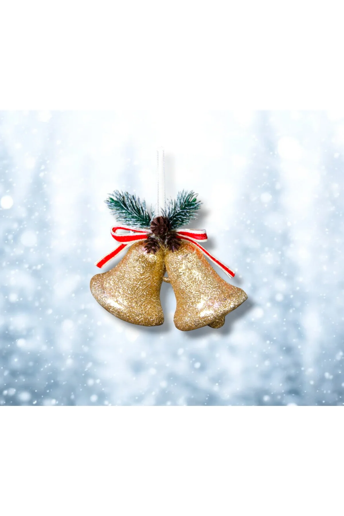 Kozalaklı simli yılbaşı çanı, 10 cm, şampanya renk, şıklık ve neş