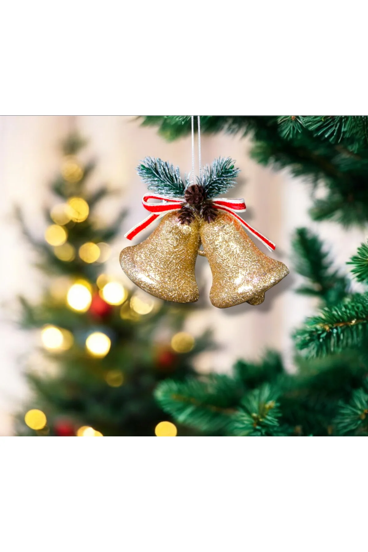 Kozalaklı simli yılbaşı çanı, 10 cm, şampanya renk, şıklık ve neş