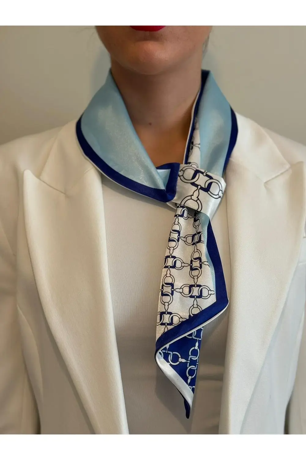 Kravat Eşarp Beyaz Mavi Desenli