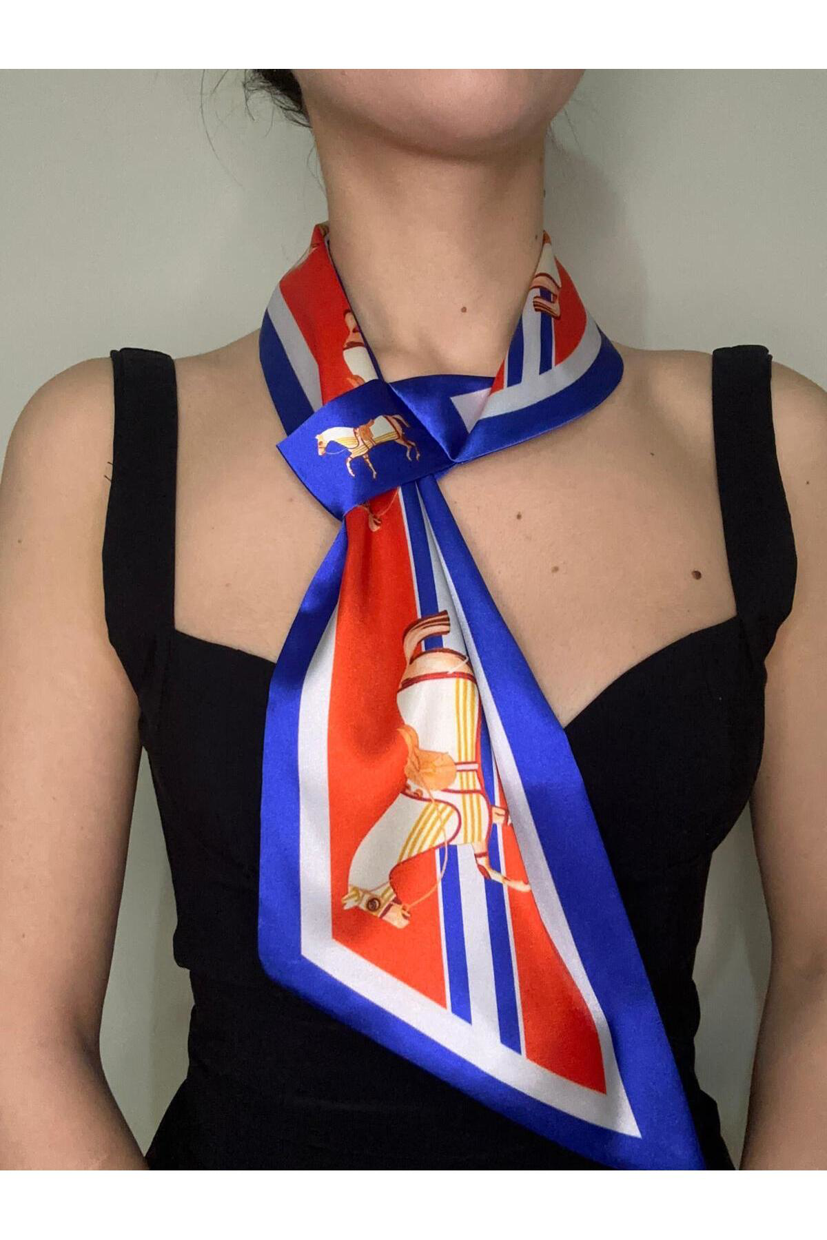 Kravat Eşarp Kırmızı Mavi At Desenli