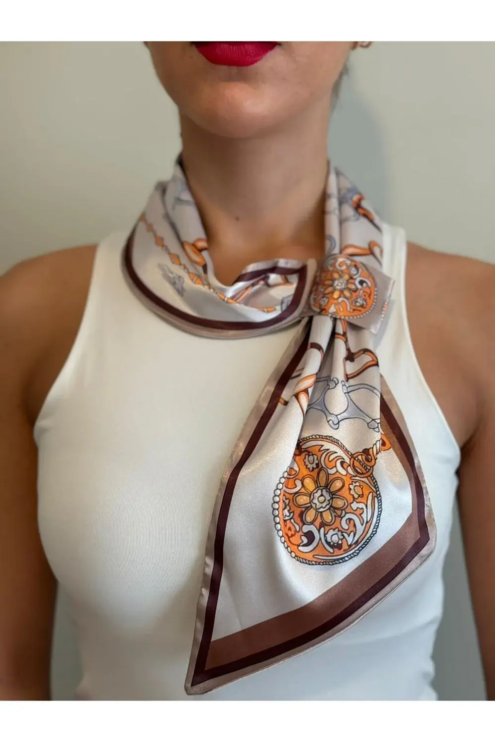 Kravat Eşarp Krem Zincirli Desen