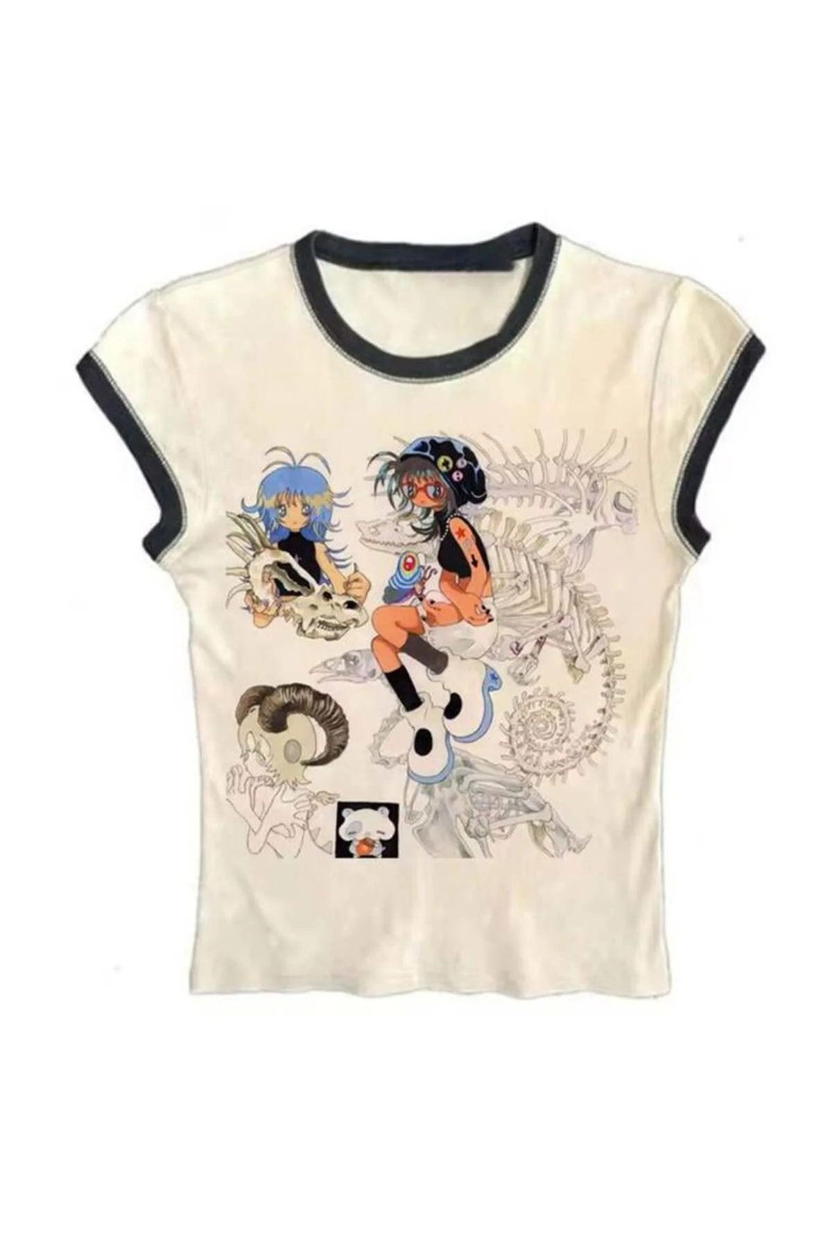 Krem Anime Girls Skull Y2K Kısa Kollu Crop
