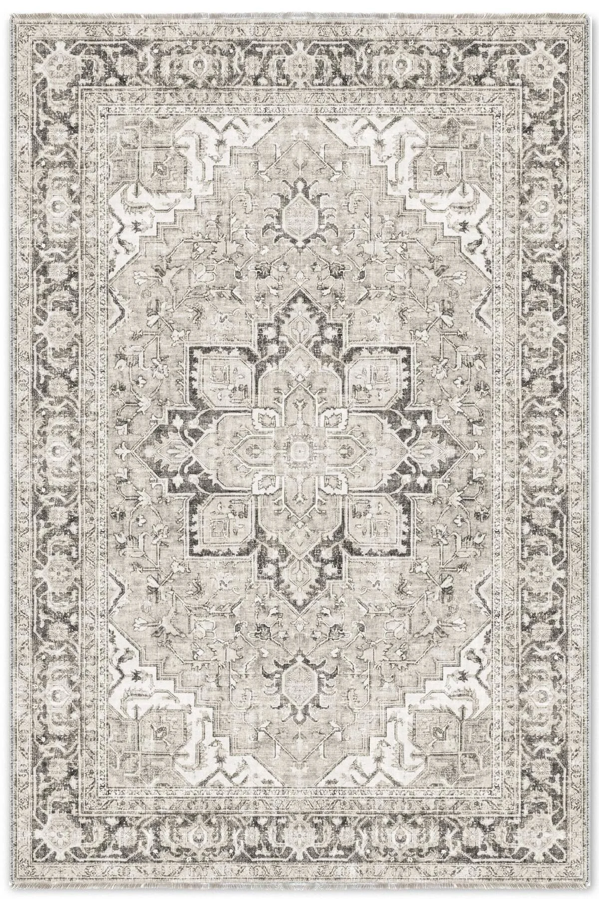 Krem Gri Zara Eskitme Şönil Halı Kilim Yolluk Kaymaz Salon Mutfak