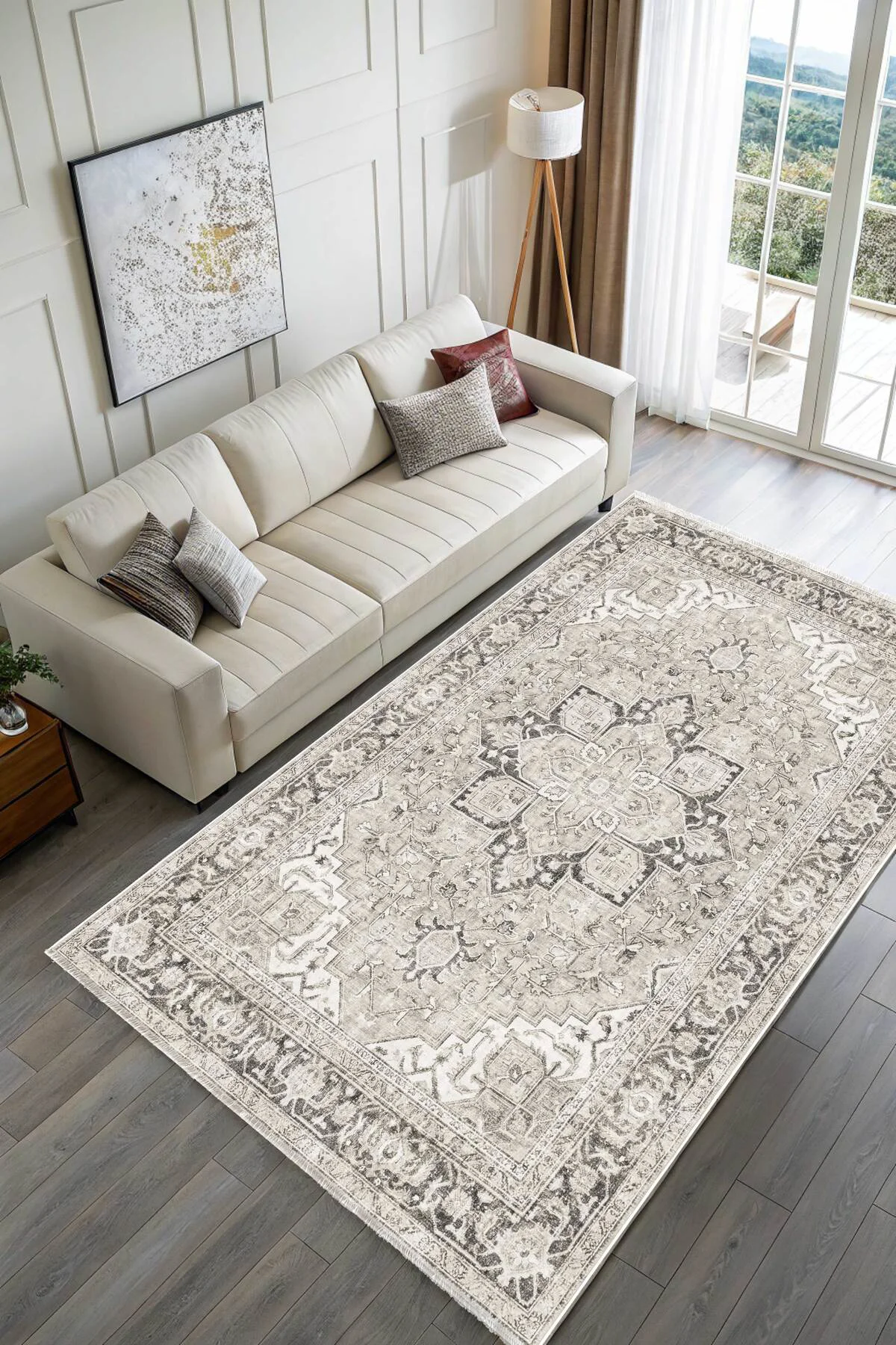 Krem Gri Zara Eskitme Şönil Halı Kilim Yolluk Kaymaz Salon Mutfak