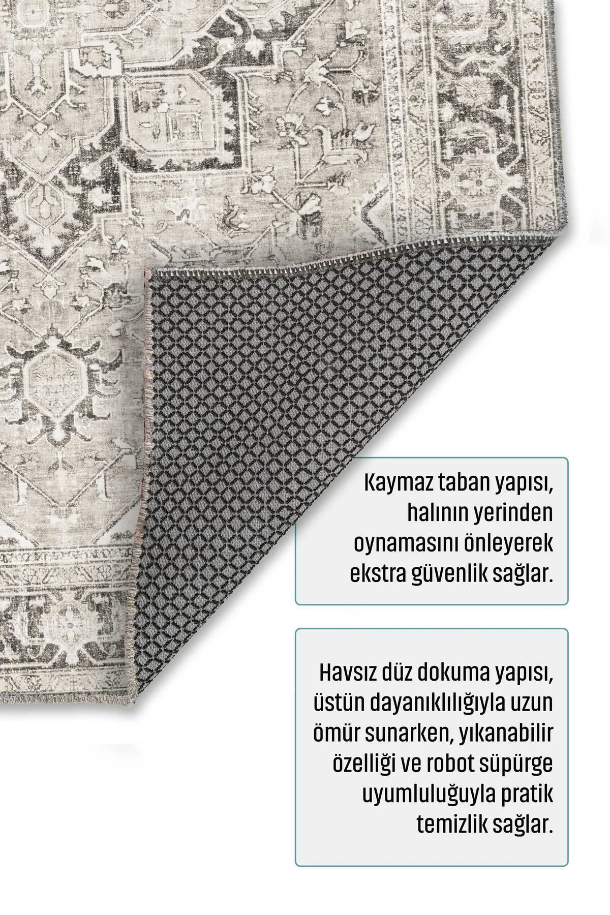 Krem Gri Zara Eskitme Şönil Halı Kilim Yolluk Kaymaz Salon Mutfak
