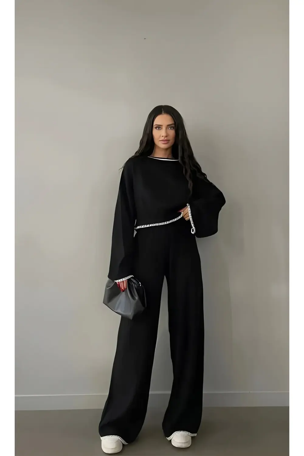 Krem Önü Nakış Detaylı Triko Pantolon Takım