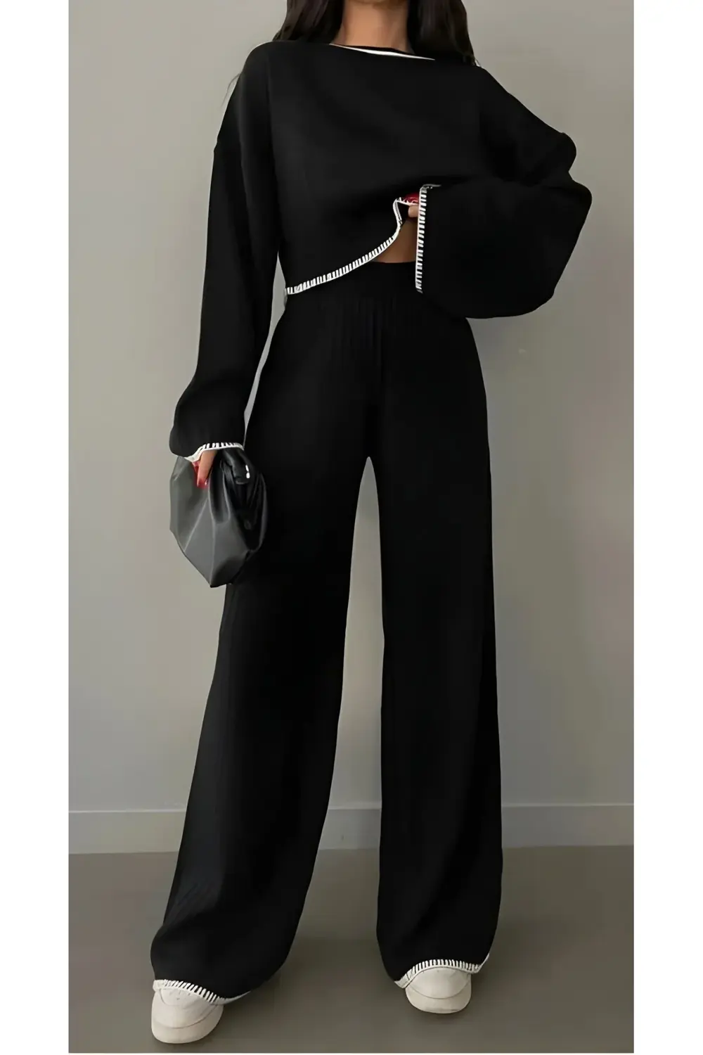 Krem Önü Nakış Detaylı Triko Pantolon Takım