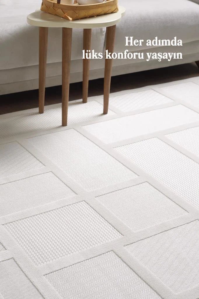 Krem Oturma Odası Halısı Kolay Temizlenebilir Yumuşak Dokulu ve Kaymaz Taban Şık Salon Halısı