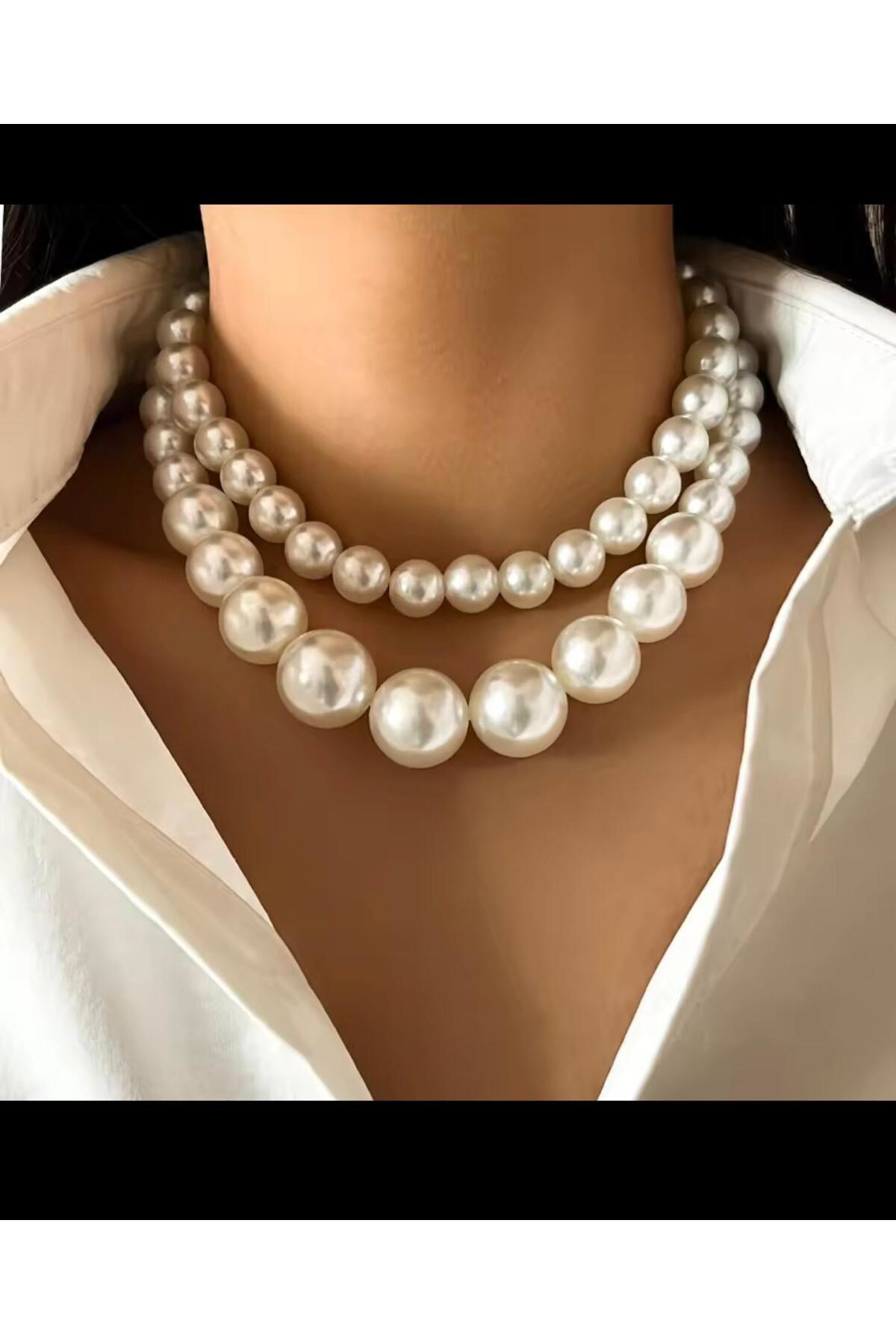 KREM RENGİ 1.KALİTE BÜYÜK İNCİLİ 2 Lİ KADIN KOLYE