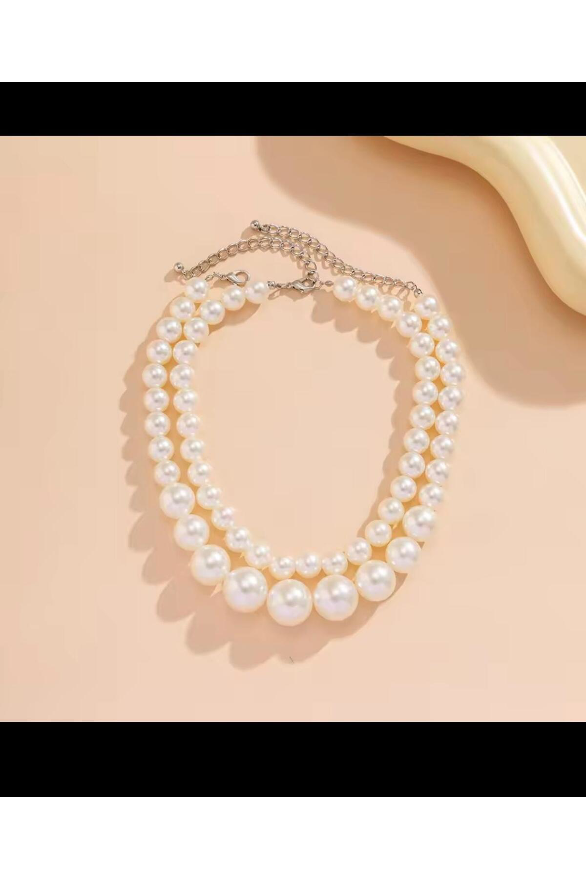 KREM RENGİ 1.KALİTE BÜYÜK İNCİLİ 2 Lİ KADIN KOLYE