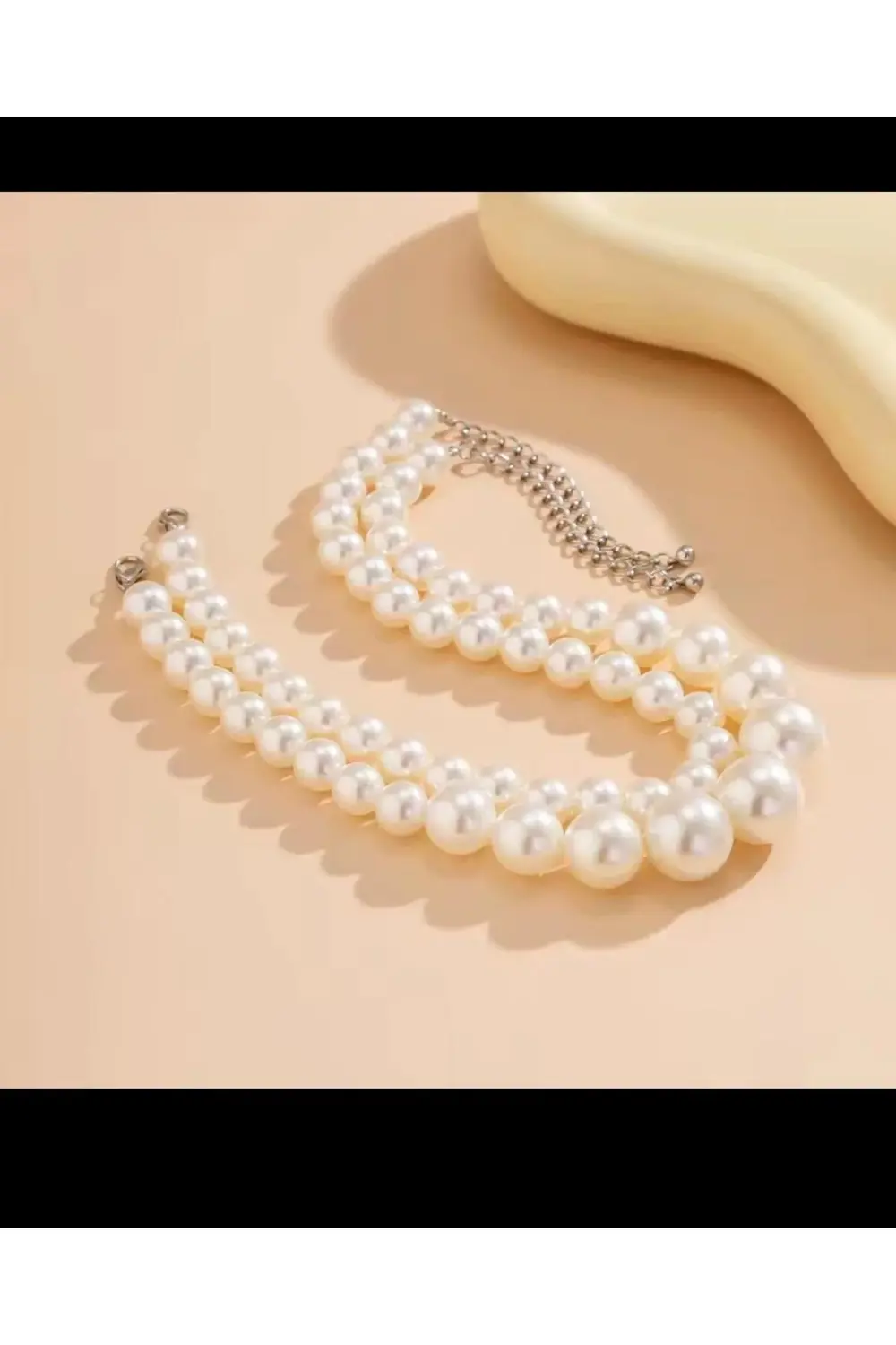 KREM RENGİ 1.KALİTE BÜYÜK İNCİLİ 2 Lİ KADIN KOLYE