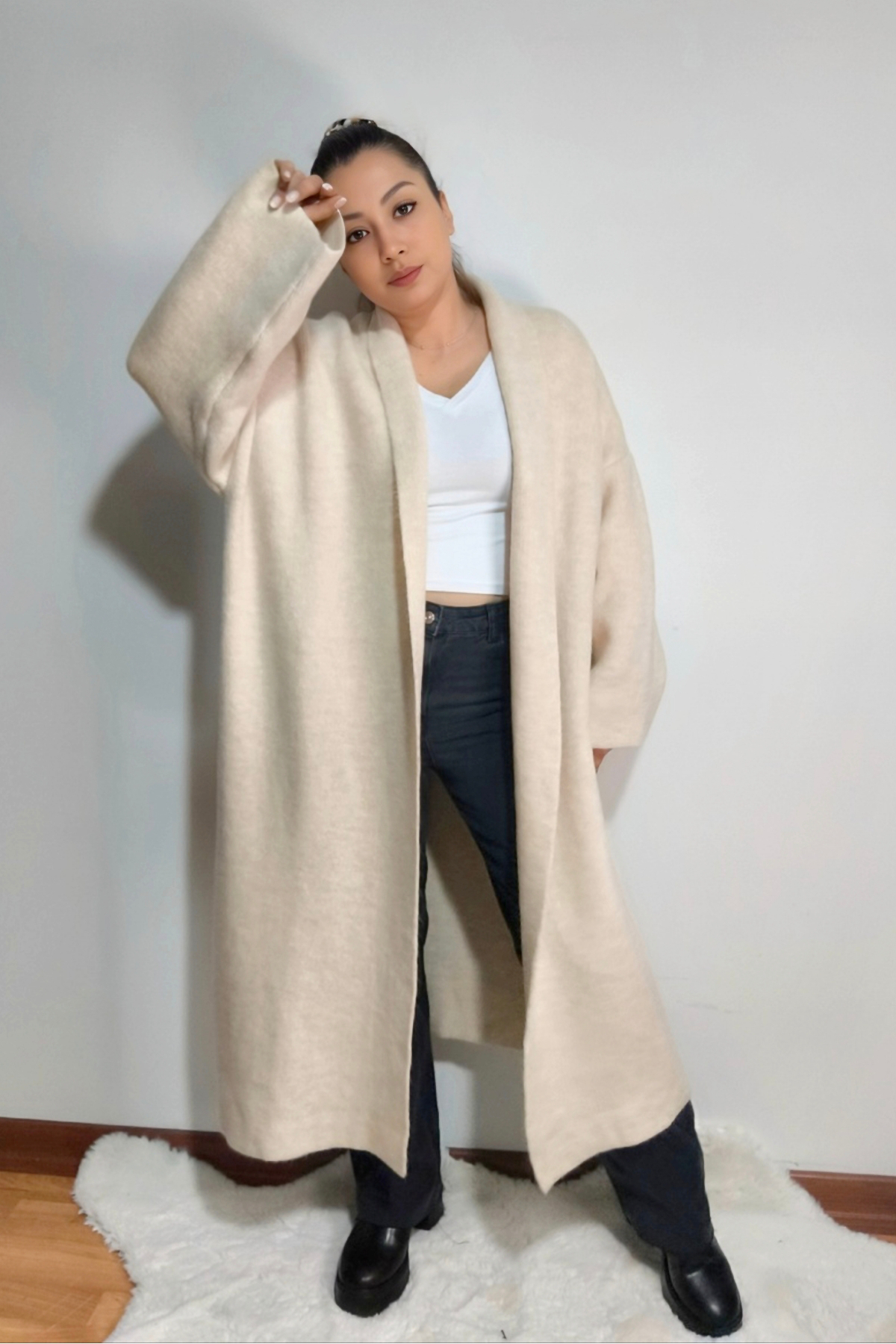 Madammmerry Krem Rengi Kalin Uzun Oversize Salaş Hirka