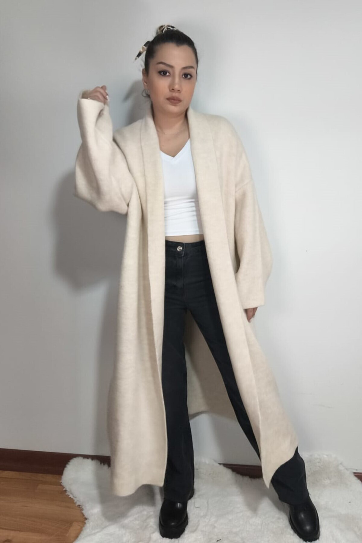 Madammmerry Krem Rengi Kalin Uzun Oversize Salaş Hirka